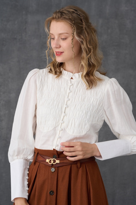 Longsleeve White Linen Shirt Smocked Linen Blouse in White - Etsy