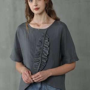 French Linen Top Blouse in Gray/White, Earth Day Top, Linen Shirt, Linen Blouse |Linennaive