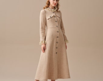 elegant wool dress in Beige, maxi wool dress, winter dress, evening dress, longsleeve dress, cocktail dress, vintage dress | Linennaive