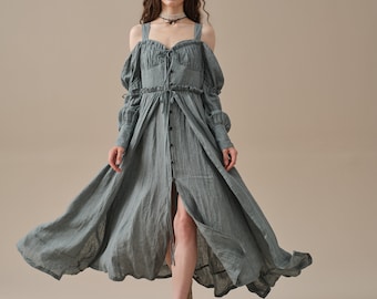 ruffled linen dress in SlateGray, cold-shoulder dress, corset dress, elegant dress, vintage dress, puff sleeve dress | Linennaive