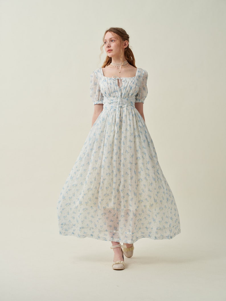 Blue floral linen dress, princess linen dress, summer dress, maternity dress, midi dress, party dress, plus women dress Linennaive image 1