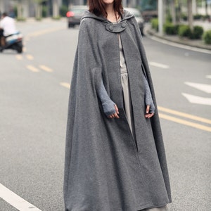 maxi wool poncho cape in grey, black, red, blue, long hooded wool coat cape, maxi coat, maxi wool cape, wool cloak Linennaive image 4