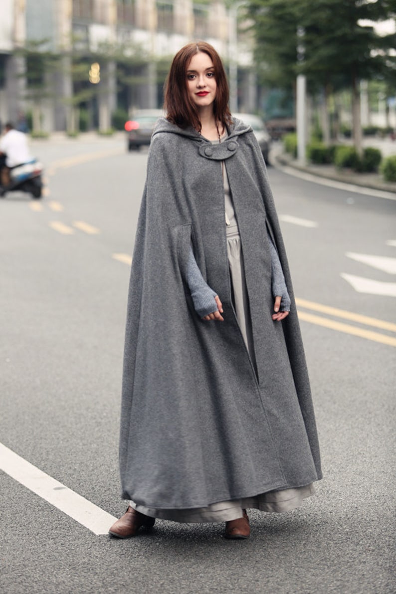 maxi wool poncho cape in grey, black, red, blue, long hooded wool coat cape, maxi coat, maxi wool cape, wool cloak Linennaive image 4