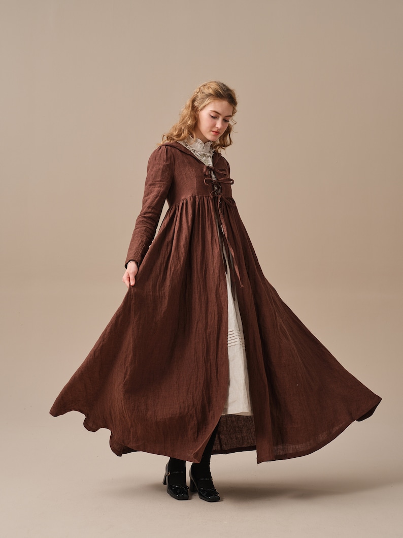 Winter linen coat in Brown, maxi coat, tied linen jacket coat, vintage coat dress, little women coat Linennaive image 7