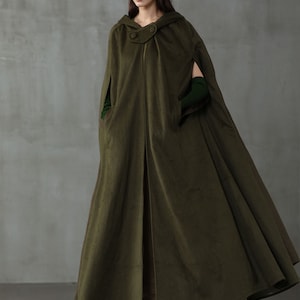 Linennaive cloak, Maxi Hooded Wool Coat Cloak, 100% Wool, Maxi woolCape, Hooded Cape, Wool Hooded Cloak In Green,Black, Grey image 6