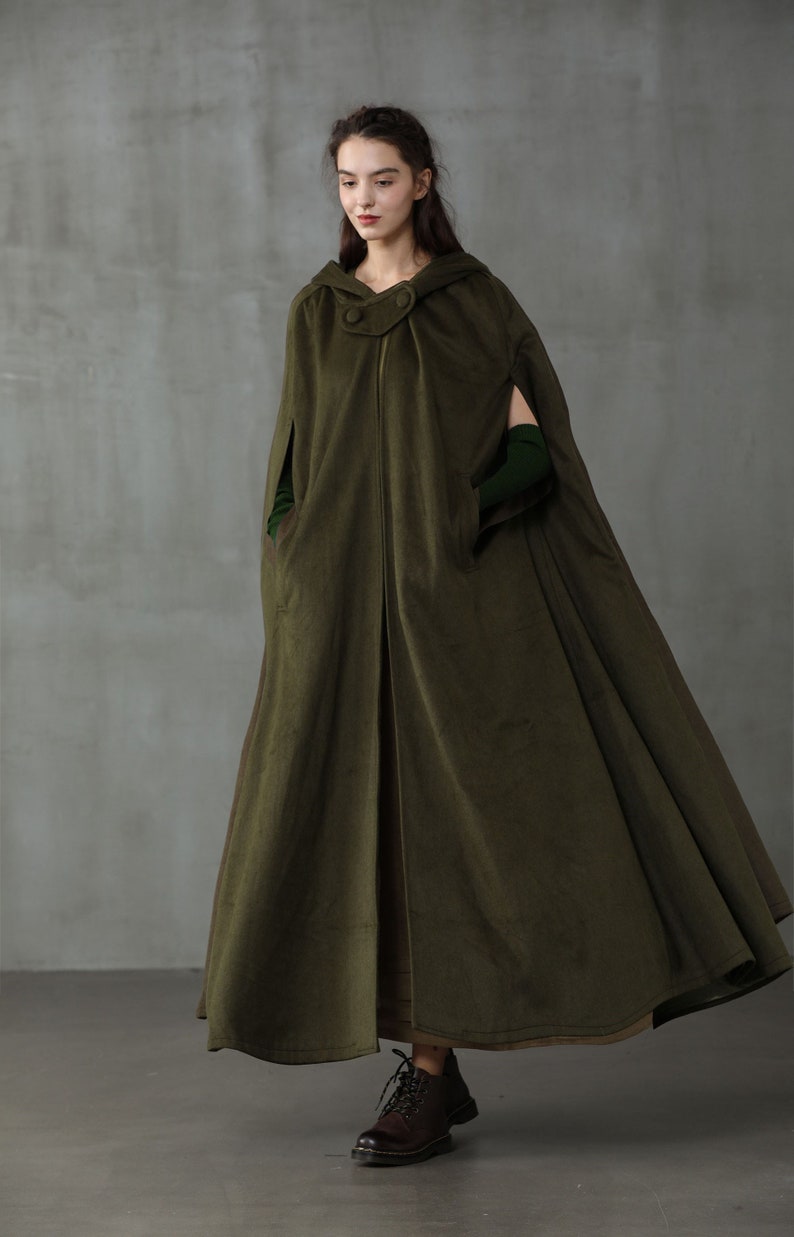 Linennaive cloak, Maxi Hooded Wool Coat Cloak, 100% Wool, Maxi woolCape, Hooded Cape, Wool Hooded Cloak In Green,Black, Grey image 6