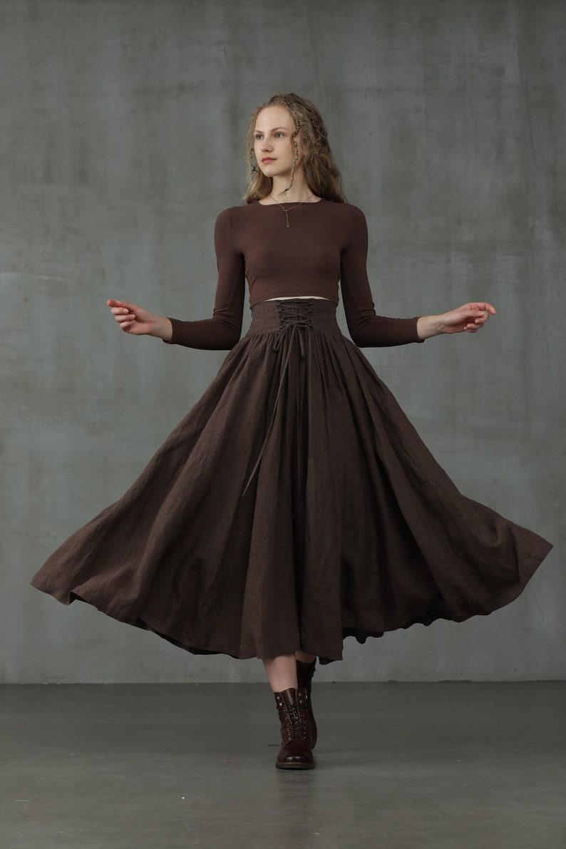 Dark Brown Maxi Linen Skirt, Lace-up Maxi shops Linen Skirt, girdle linen skirt , 1950s skirt, winter skirt, flared skirt |Linennaive