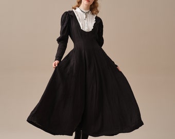 Victorian Gothic linen dress, black dress, layered dress, vintage dress, elegant dress, long sleeved dress | Linennaive