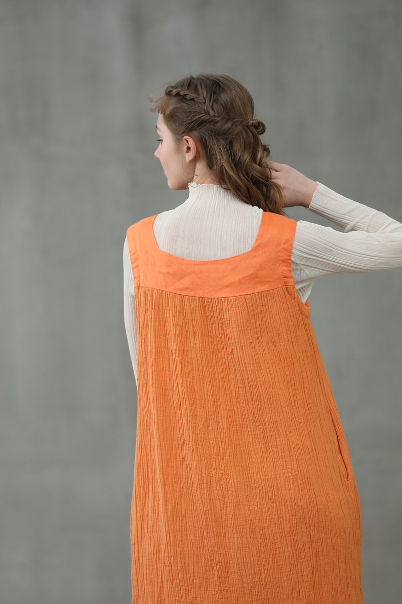 linen dress in orange, linen jumper, square sleeveless dress Linennaive image 9