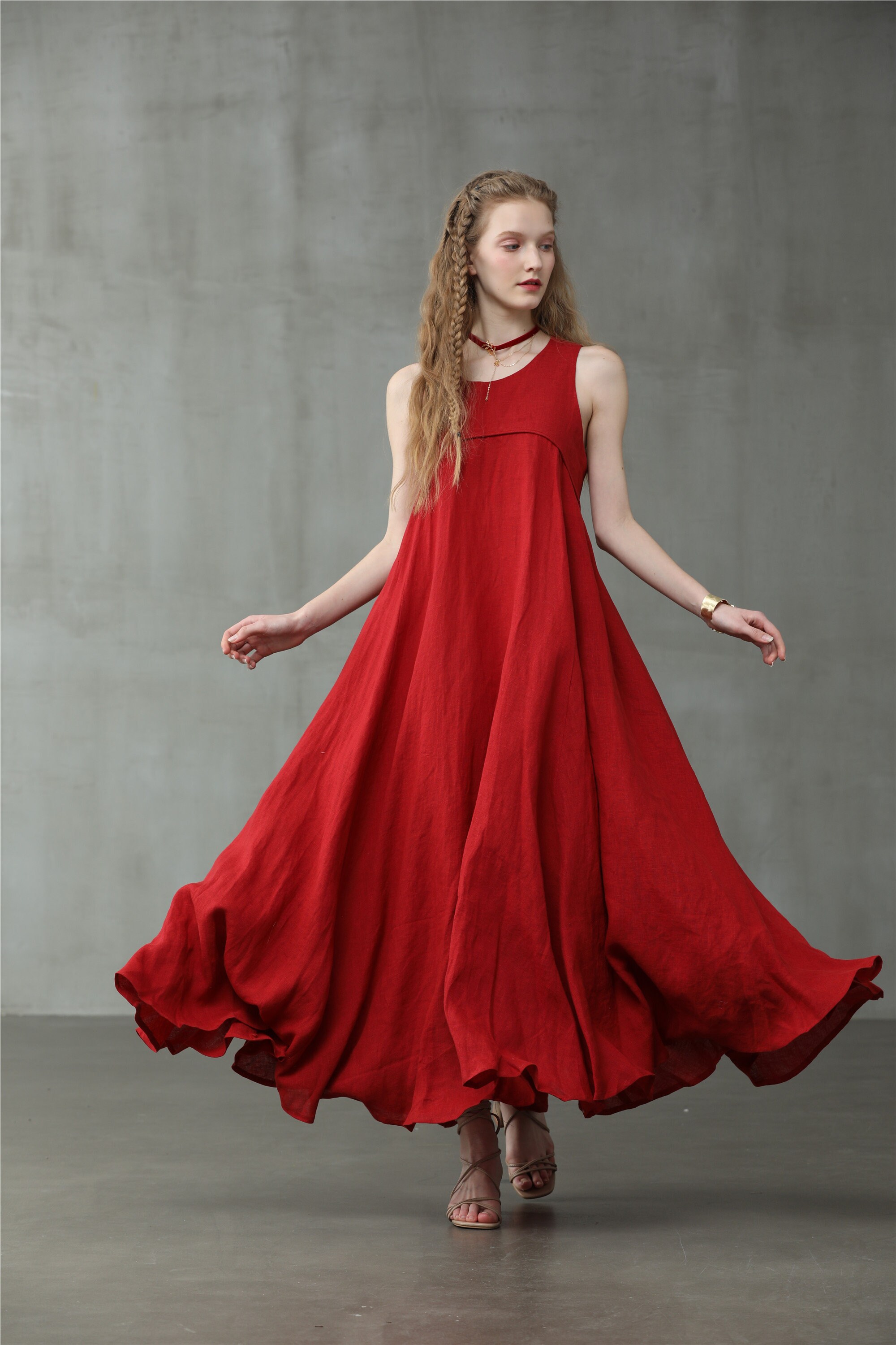 maxi linen dress, empired linen dress, red dress, wedding dress, slee…
