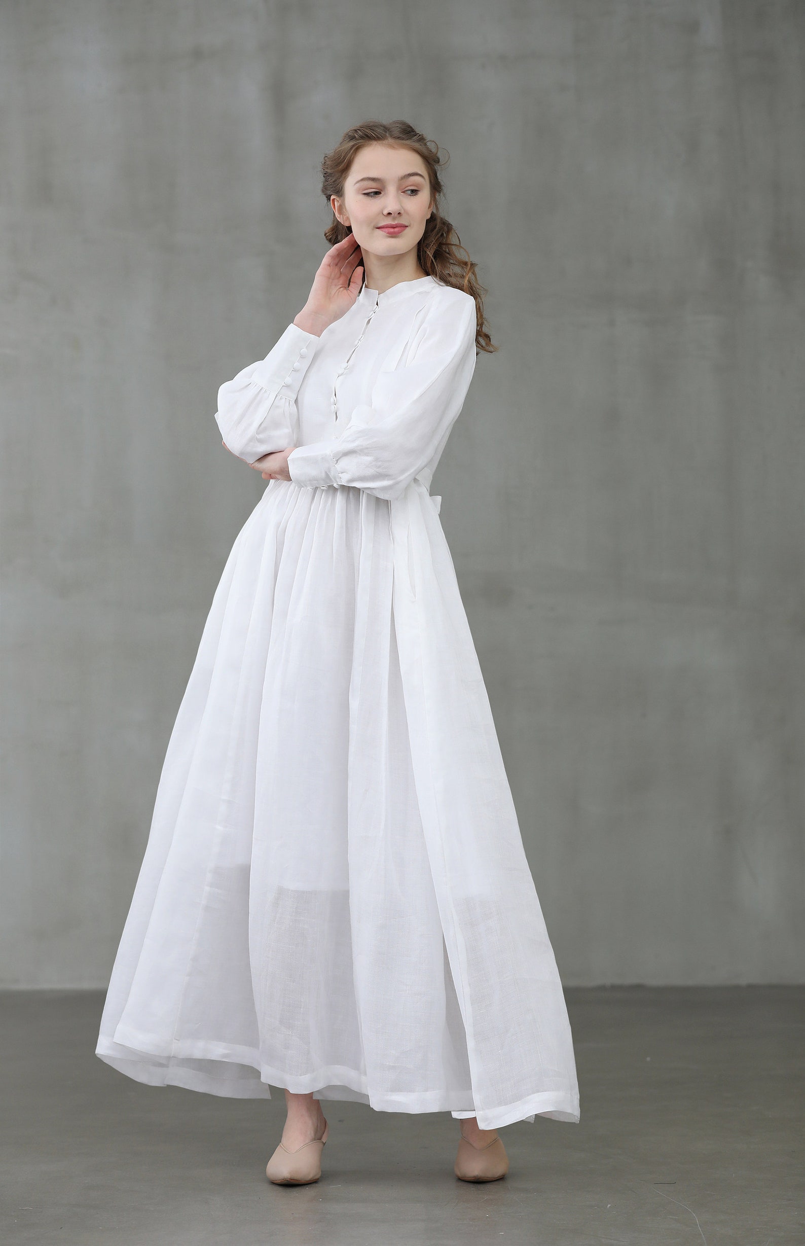 White Linen Dress Maxi Linen Dress Puff Sleeve Pleated Etsy Canada