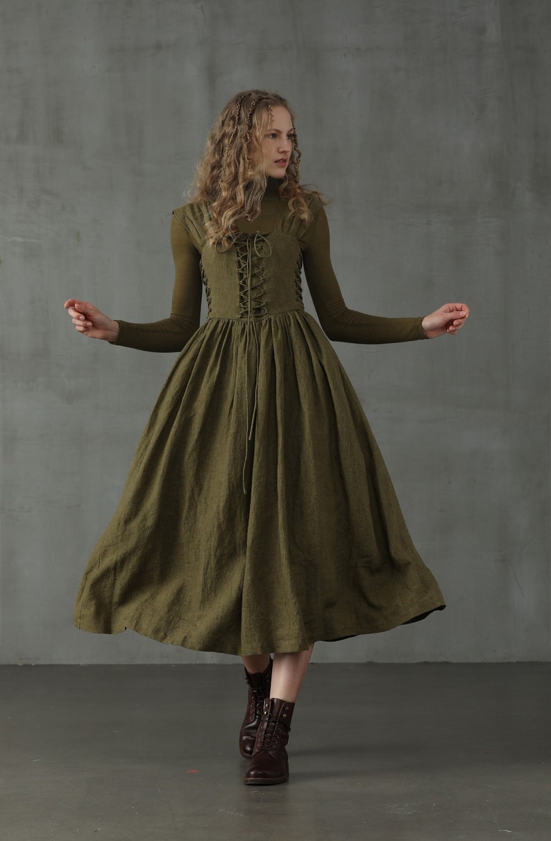 Corset Linen Dress in Dark Green, Front Lace-up Dress, Mid calf Dress, Cocktail Dress | Linennaive 