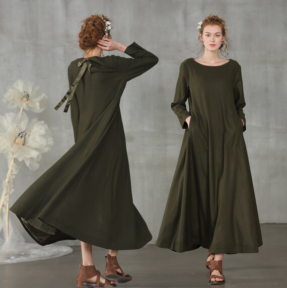 Maxi wool dress in olive green sweater dress winter dress | Etsy