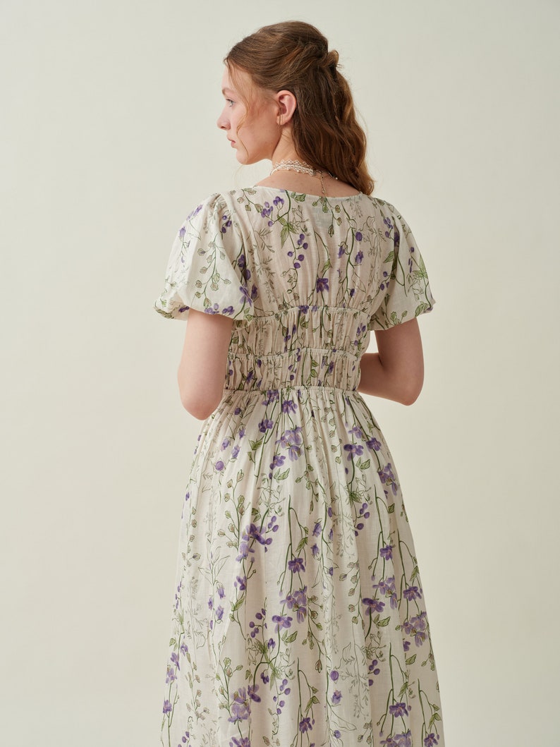 Floral linen dress, shirred dress in violet, puff sleeve dress, summer dress, elegant dress, vintage dress, plus women dress Linennaive zdjęcie 9