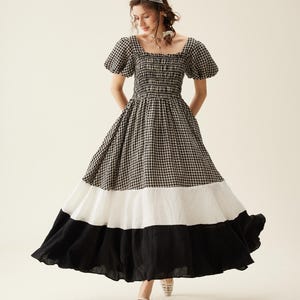 Classic Plaid Linen Dress, Smocking Dress, Cottagecore dress, Bridgerton dress, Patchwork Dress, Summer casual dress | Linennaive