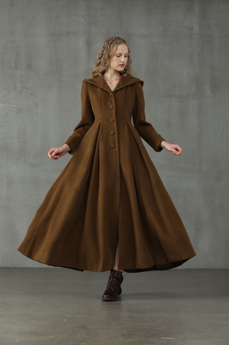 hooded maxi wool coat, retro hooded wool coat, maxi camel coat, wool coat, vintage coat, winter coat, fit and flare coat image 1