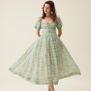 Floral linen Dress in Mint Green, Midi dress, Princess dress, Summer dress, Maternity dress, Cottagecore dress, Plus size dress | Linennaive