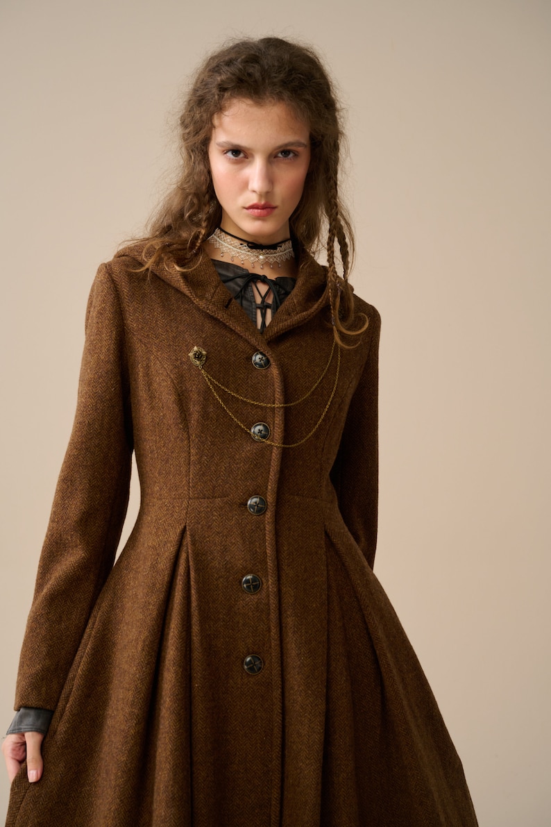 Hooded Maxi Wool Coat in Mocha Brown, Retro Hooded Wool Coat, Classic