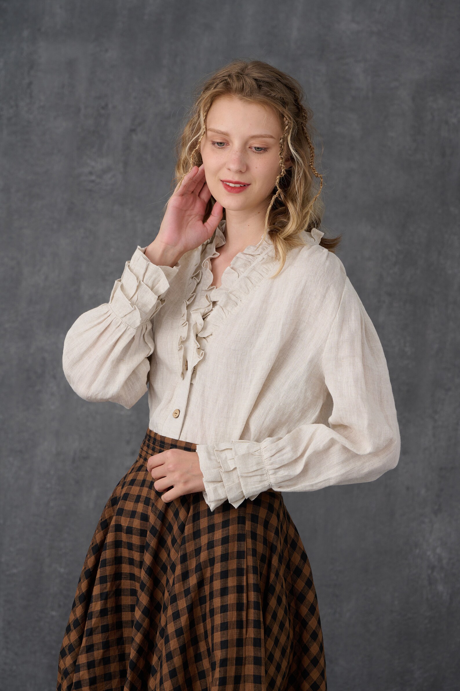 Ruffled Linen Blouse in Beige Victorian Blouse Vintage Linen Etsy