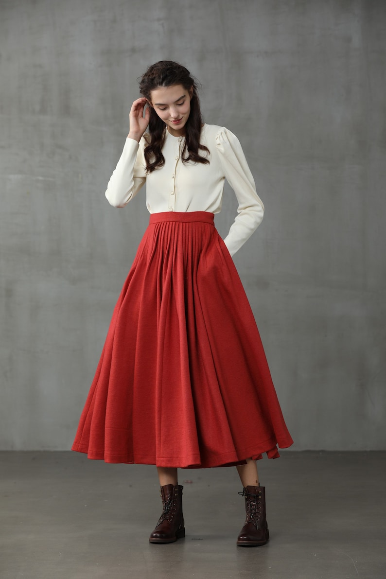 Red wool pleated skirt winter skirt wool skirt midi skirt | Etsy