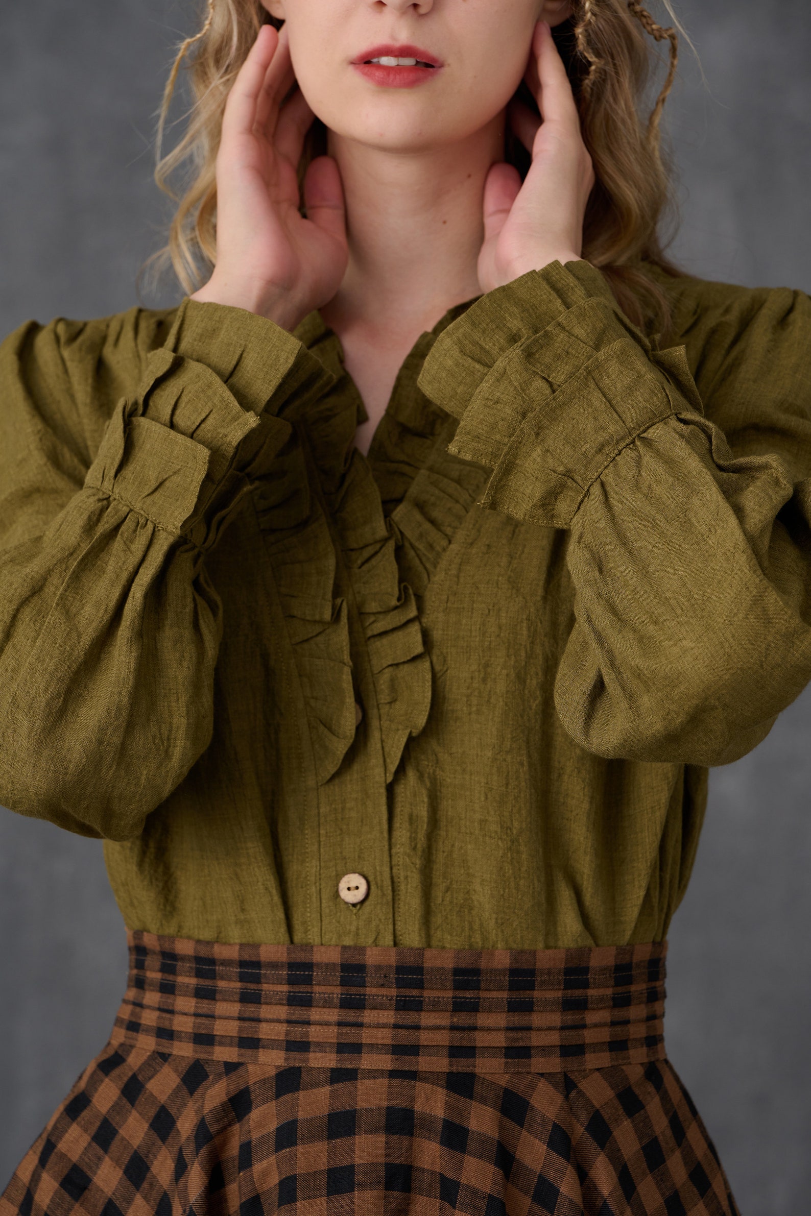 Ruffled Linen Blouse in Olive Victorian Blouse Vintage Linen Etsy