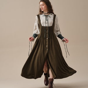 single-breasted wool dress, olive dress, pleated dress, slip dress, sleeveless dress, vintage dress | Linennaive