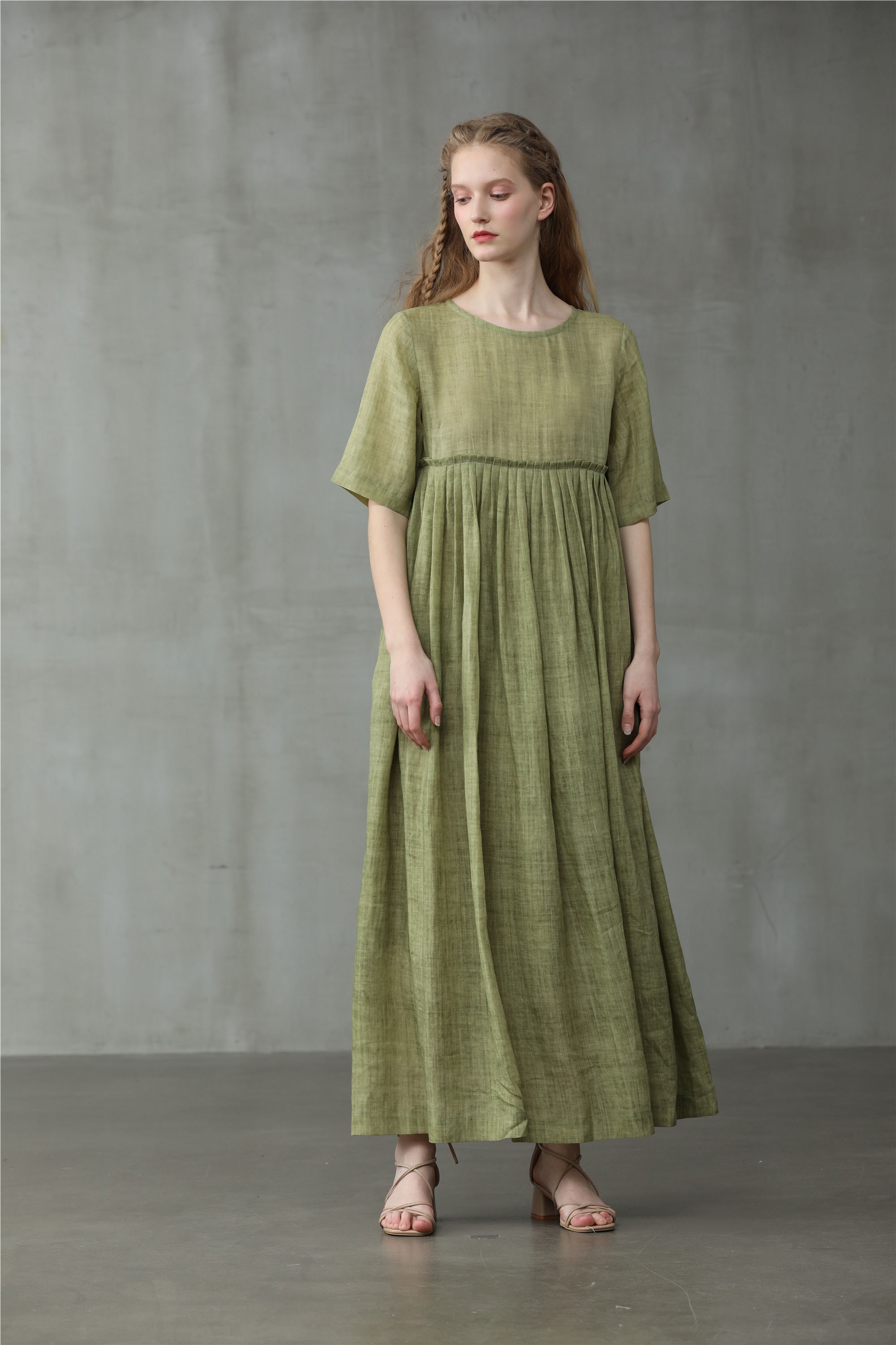 Empired linen dress soft olive pintucked dress maxi dress | Etsy