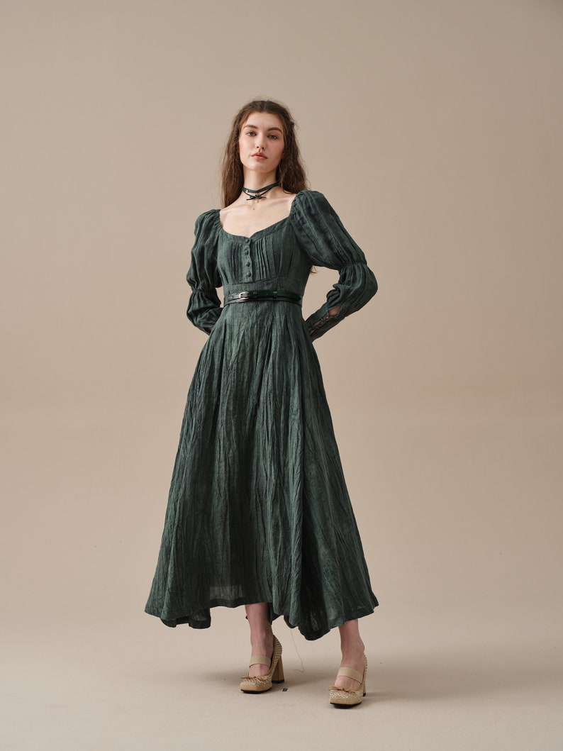 Corset Linen dress in Teal, regency dress, medieval linen dress, maxi linen dress, fit and flared dress Linennaive image 7