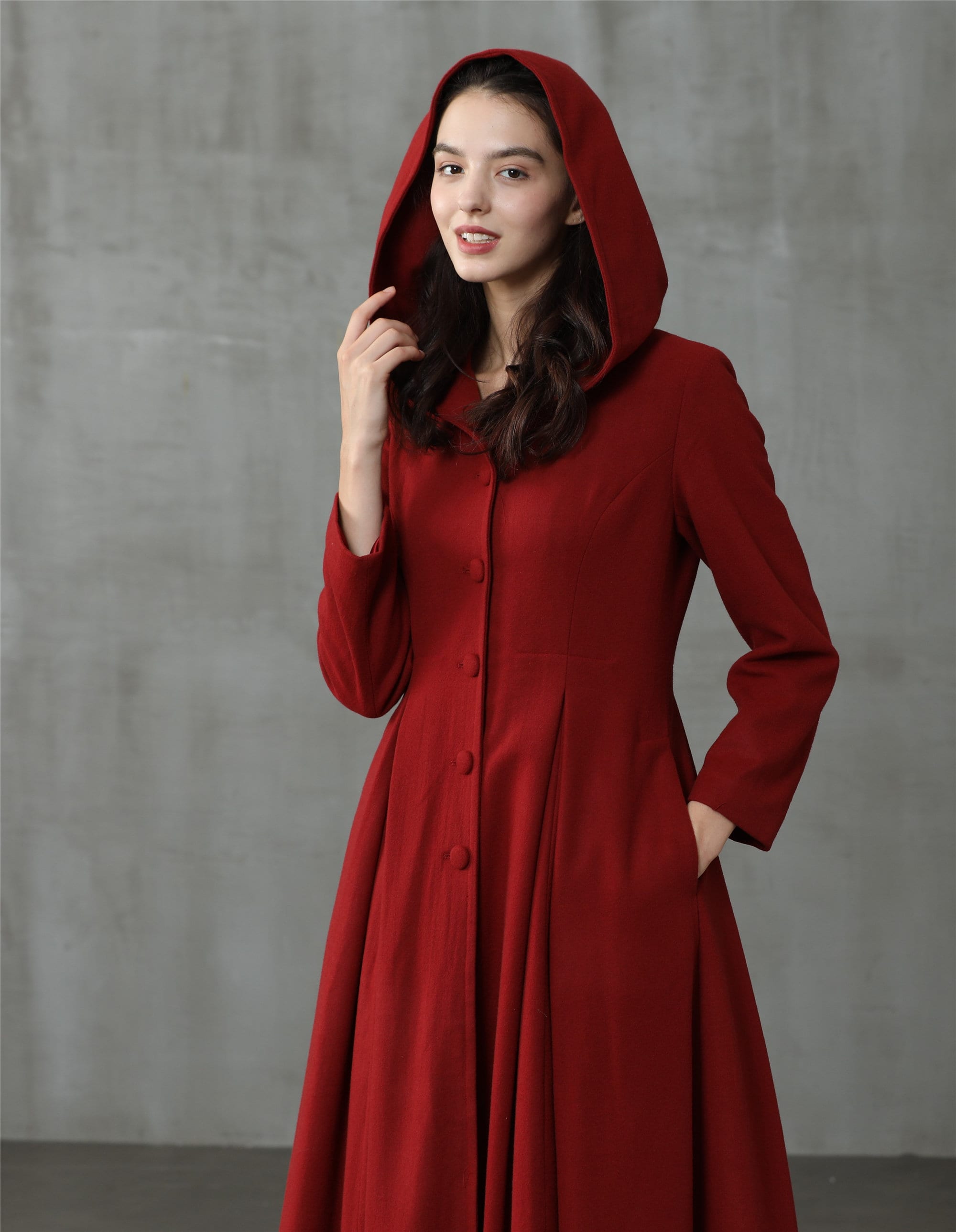 Retro Hooded Wool Coat, Maxi Red Coat, Wool Coat, Vintage Retro Hooded Wool Coat, Maxi Red Coat, Wool Coat, Vintage