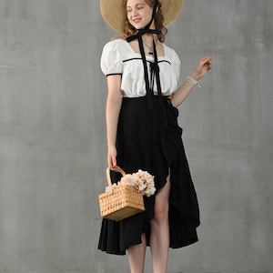 Wrap linen skirt in black, ruffled linen skirt, front-slit linen skirt, flared linen skirt, A line skirt Linennaive image 8