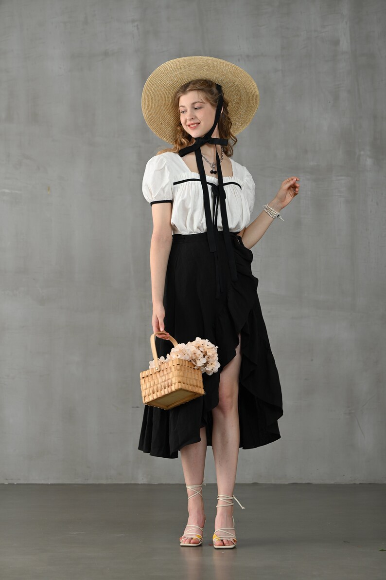 Wrap linen skirt in black, ruffled linen skirt, front-slit linen skirt, flared linen skirt, A line skirt Linennaive image 8