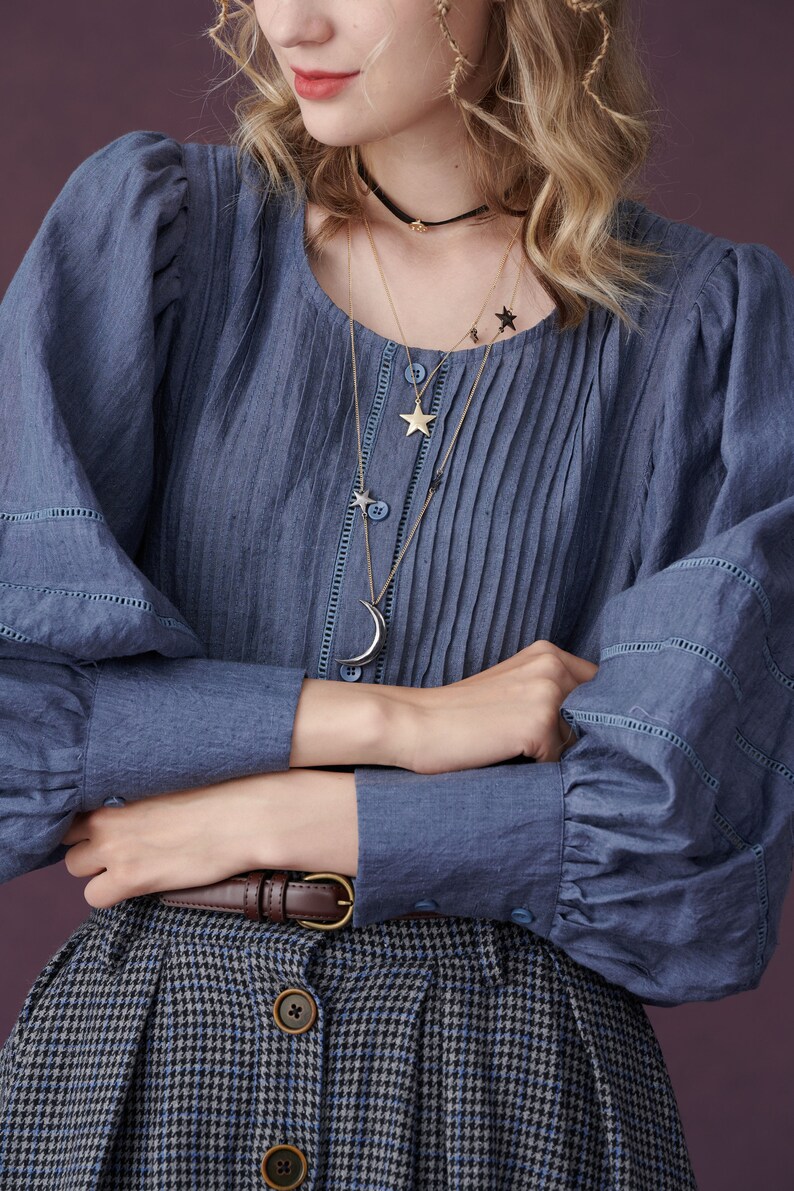 Blue Linen Blouse Top Puff Sleeve Blouse Victorian Blouse Etsy