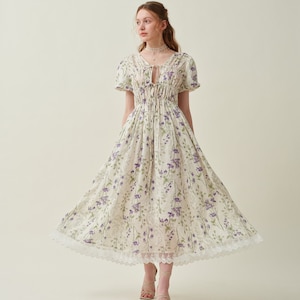 Floral linen dress, shirred dress in violet, puff sleeve dress, summer dress, elegant dress, vintage dress, plus women dress Linennaive image 4