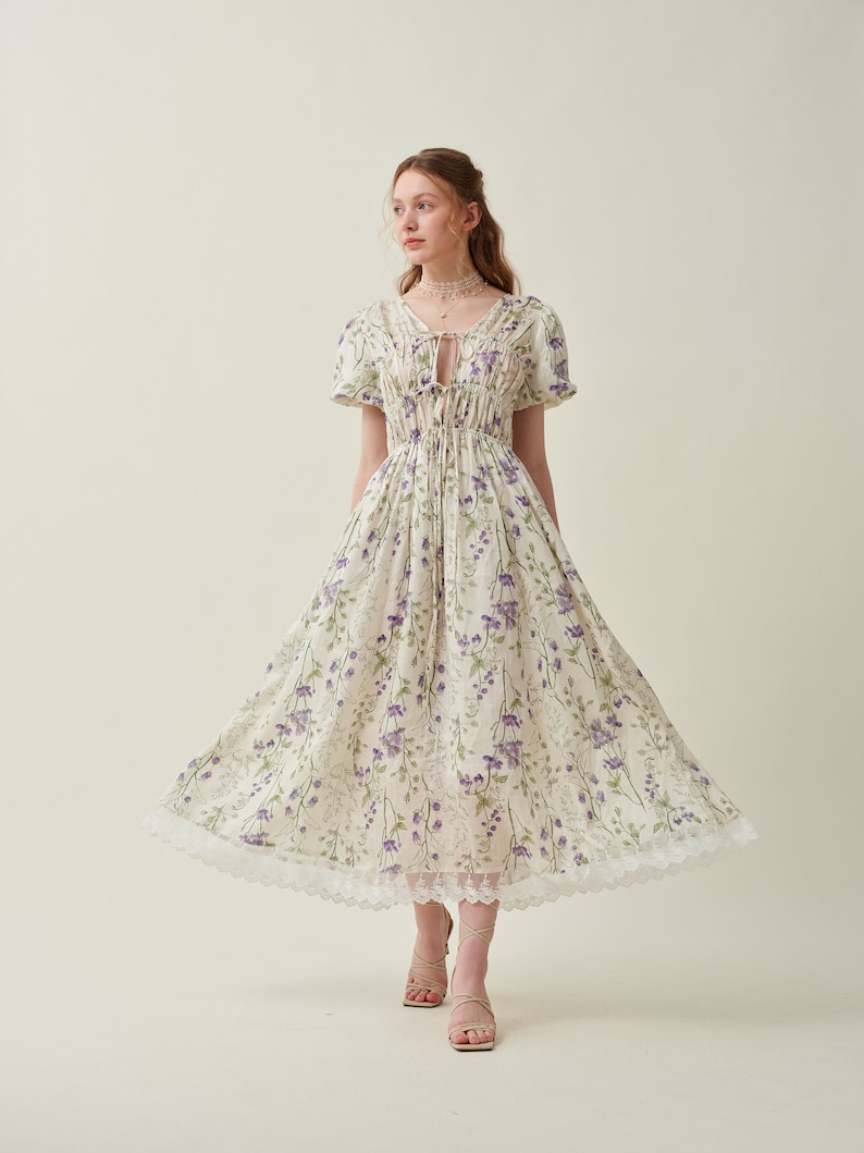 Floral linen dress, shirred dress in violet, puff sleeve dress, summer dress, elegant dress, vintage dress, plus women dress Linennaive zdjęcie 4