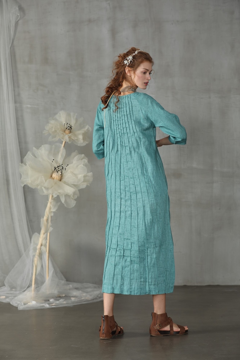 fall dress boho dress pintucked linen dress green dress midi dress Linennaive long dress