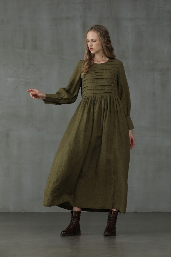 Puff Sleeve Winter Dress in Moss Green Maxi Linen Dress - Etsy