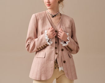 Single-breasted linen blazer coat with vest, rose pink coat, corset trench coat, women blazer jacket, oversized coat | Linennaive