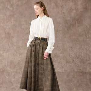Retro Plaid Midi Wool Skirt, brown wool skirt, Button front Midi Skirt, Pleat Skirt, pockets skirts, Plus Size Skirt Linennaive image 6