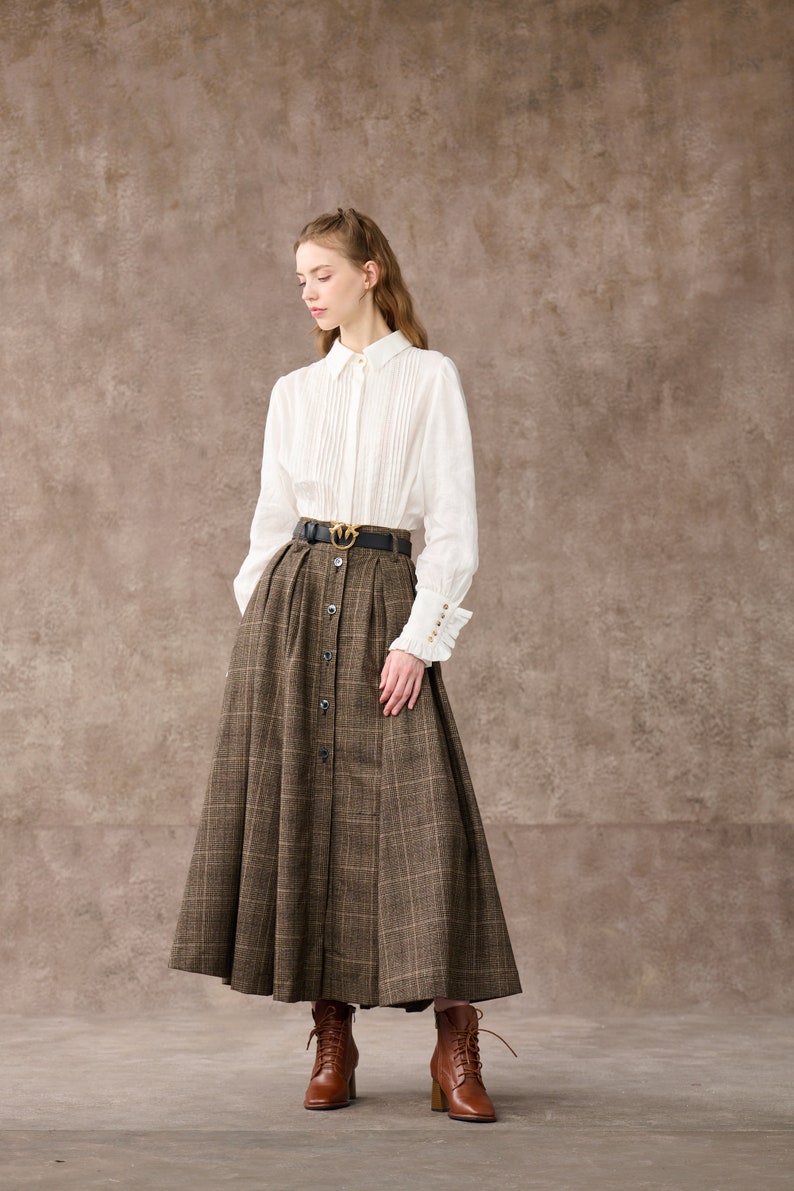 Retro Plaid Midi Wool Skirt, brown wool skirt, Button front Midi Skirt, Pleat Skirt, pockets skirts, Plus Size Skirt Linennaive image 6