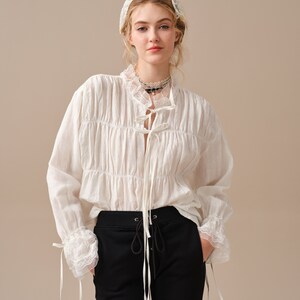 Lace up linen blouse, white linen blouse, ruffle blouse, victorian blouse, women blouse, long-sleeved shirt, oversized blouse Linennaive image 4