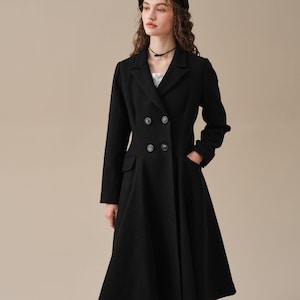 Double breasted wool coat in black, midi wool coat, vintage coat, fit and flared coat, wool coat, winter coat, 1950s coat | Linennaive