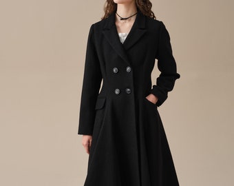 Double breasted wool coat in black, midi wool coat, vintage coat, fit and flared coat, wool coat, winter coat, 1950s coat | Linennaive