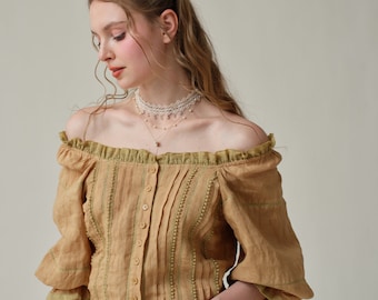 off shoulder linen blouse in Gold, beige and White, lace blouse, ruffle linen blouse, vintage blouse, puff sleeve blouse | Linennaive