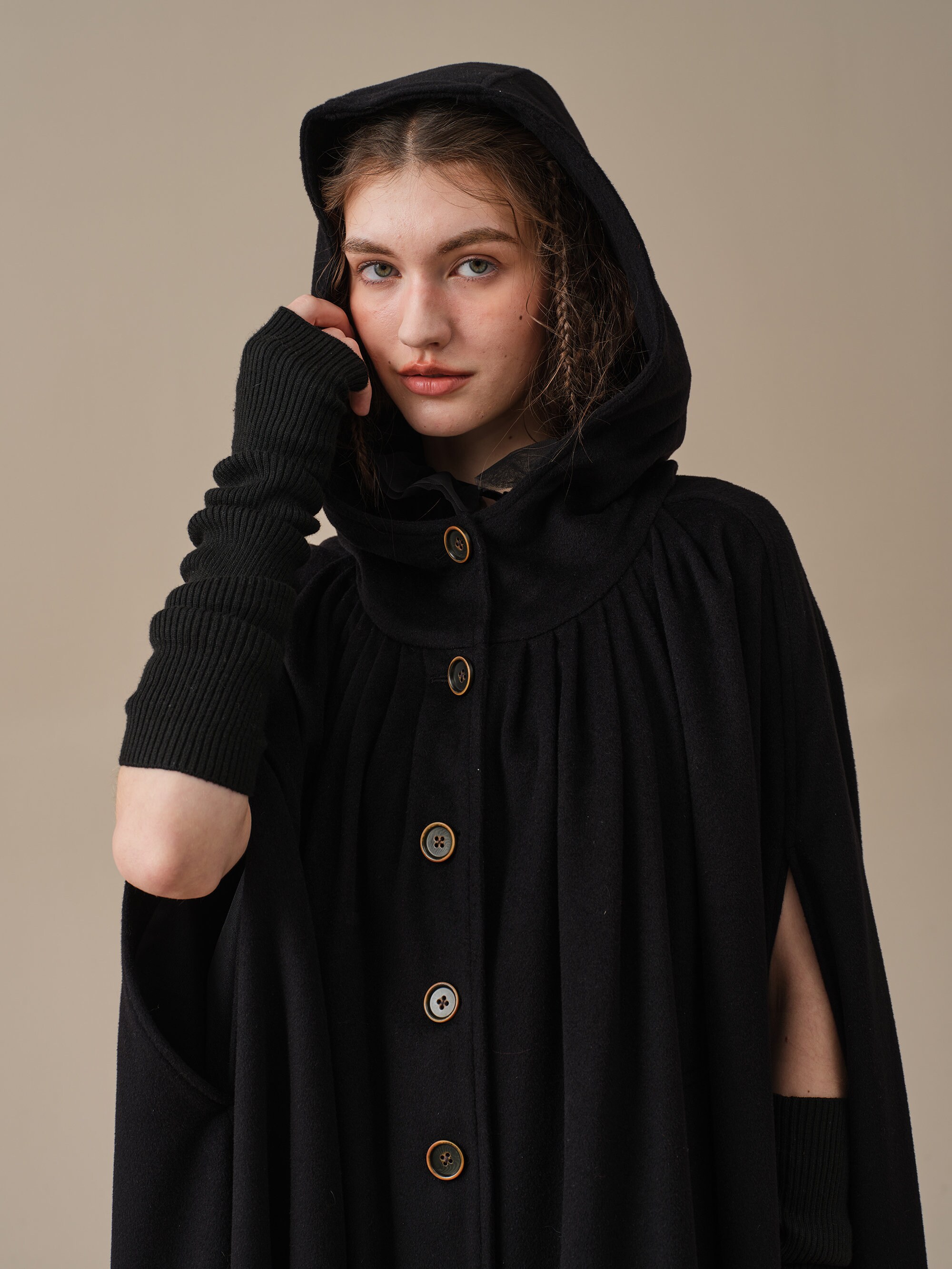 Hooded Wool Cloak Coat in Black, Maxi Hooded Wool Cloak
