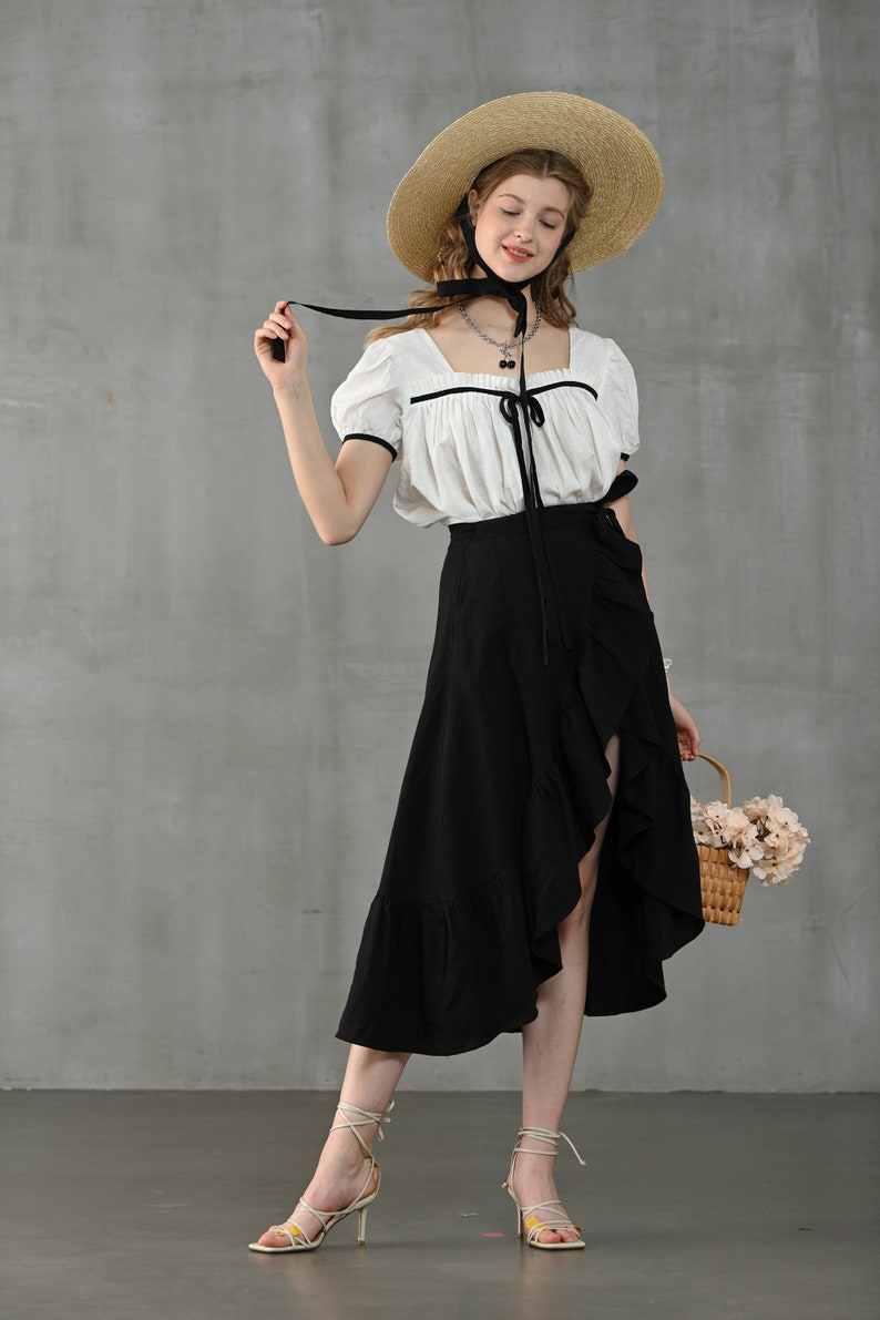 Wrap linen skirt in black, ruffled linen skirt, front-slit linen skirt, flared linen skirt, A line skirt Linennaive image 6
