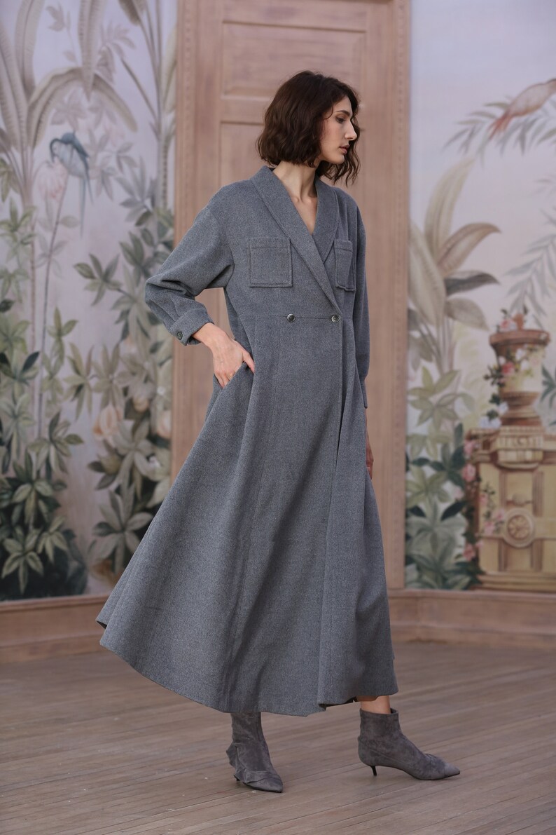 gray wool coat 100% cashmere coat maxi coat in gray black image 5