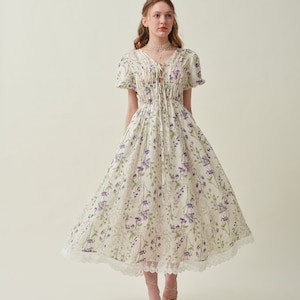 Floral linen dress, shirred dress in violet, puff sleeve dress, summer dress, elegant dress, vintage dress, plus women dress Linennaive image 7