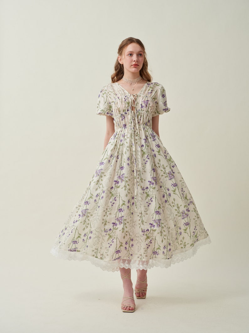 Floral linen dress, shirred dress in violet, puff sleeve dress, summer dress, elegant dress, vintage dress, plus women dress Linennaive zdjęcie 7