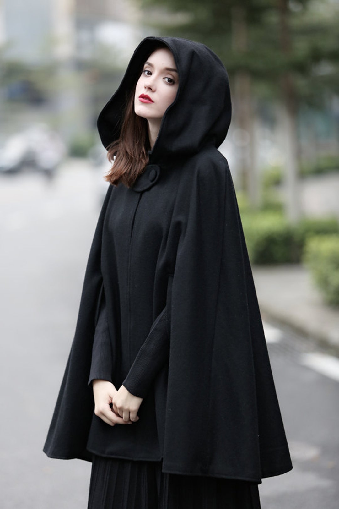 Black Hooded Wool Coat ,wool Cloak Cape, Women Wool Winter Coat Long  Jacket, Christmas Gift Coat, Black Wool Coat Cape Cloak 