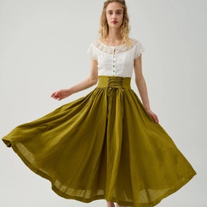 Lace-up maxi linen skirt, girdle linen skirt in olive, retro skirt, flared skirt, spring linen skirt | Linennaive